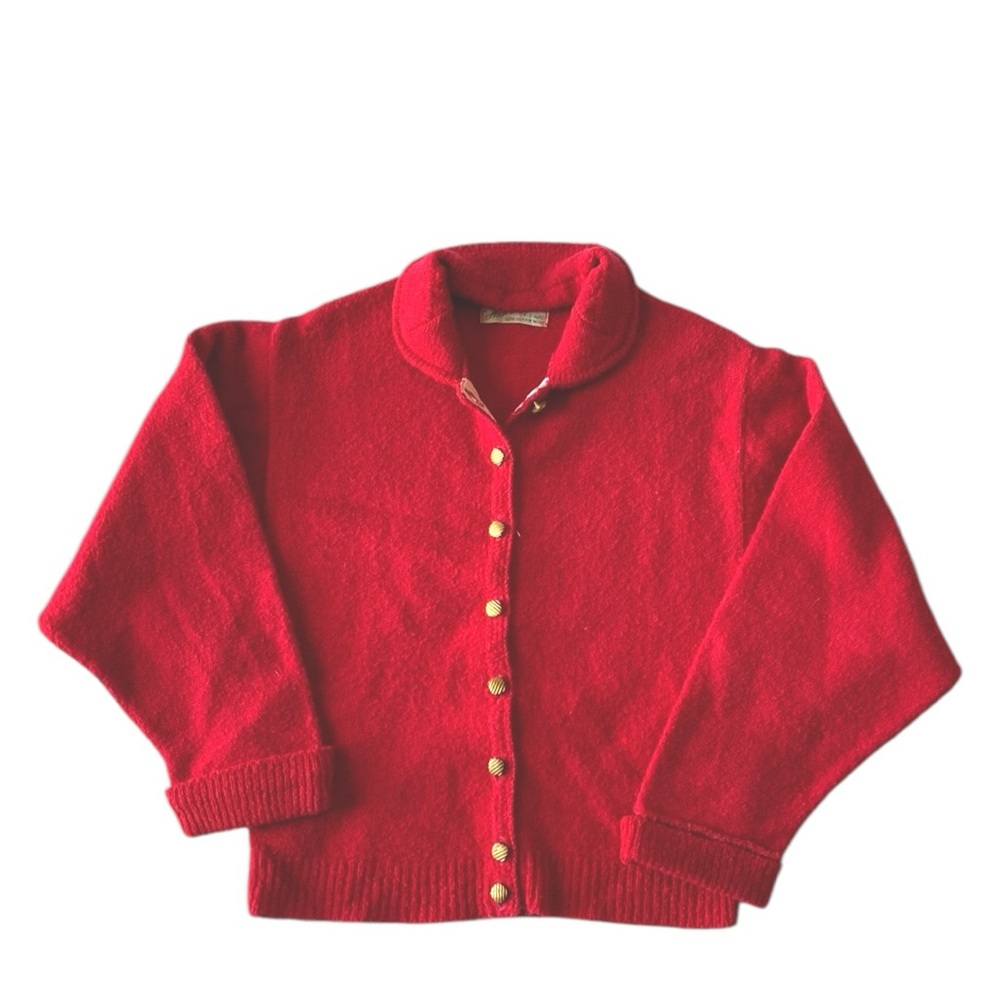 VINTAGE WOOL Ann Adams Sweater Button Up Red Gold 50s 40s Cardigan Antique
